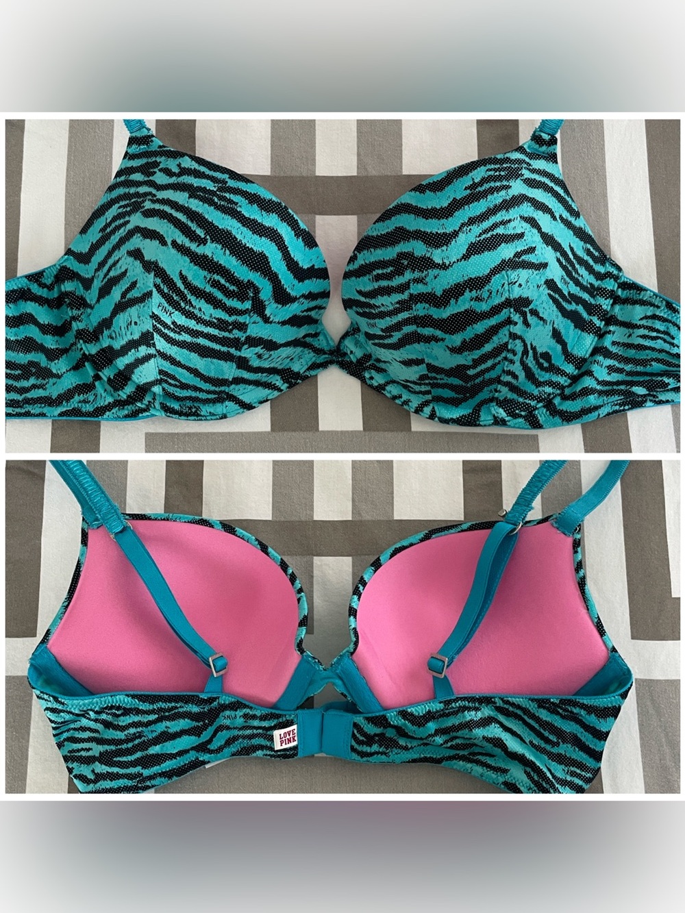 PINK Victoria's Secret Turquoise & Black Zebra Molded Push-up T-Shirt Bra